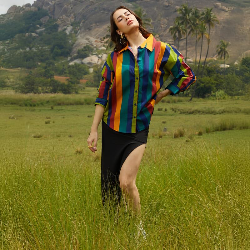 Image of PINACOLADA Women's Solid Oversized Shirt for Casual Wear | Spread Collar | Long Sleeve | Button Closure | Oversized Shirt Crafted with Comfort Fit for Everyday Wear