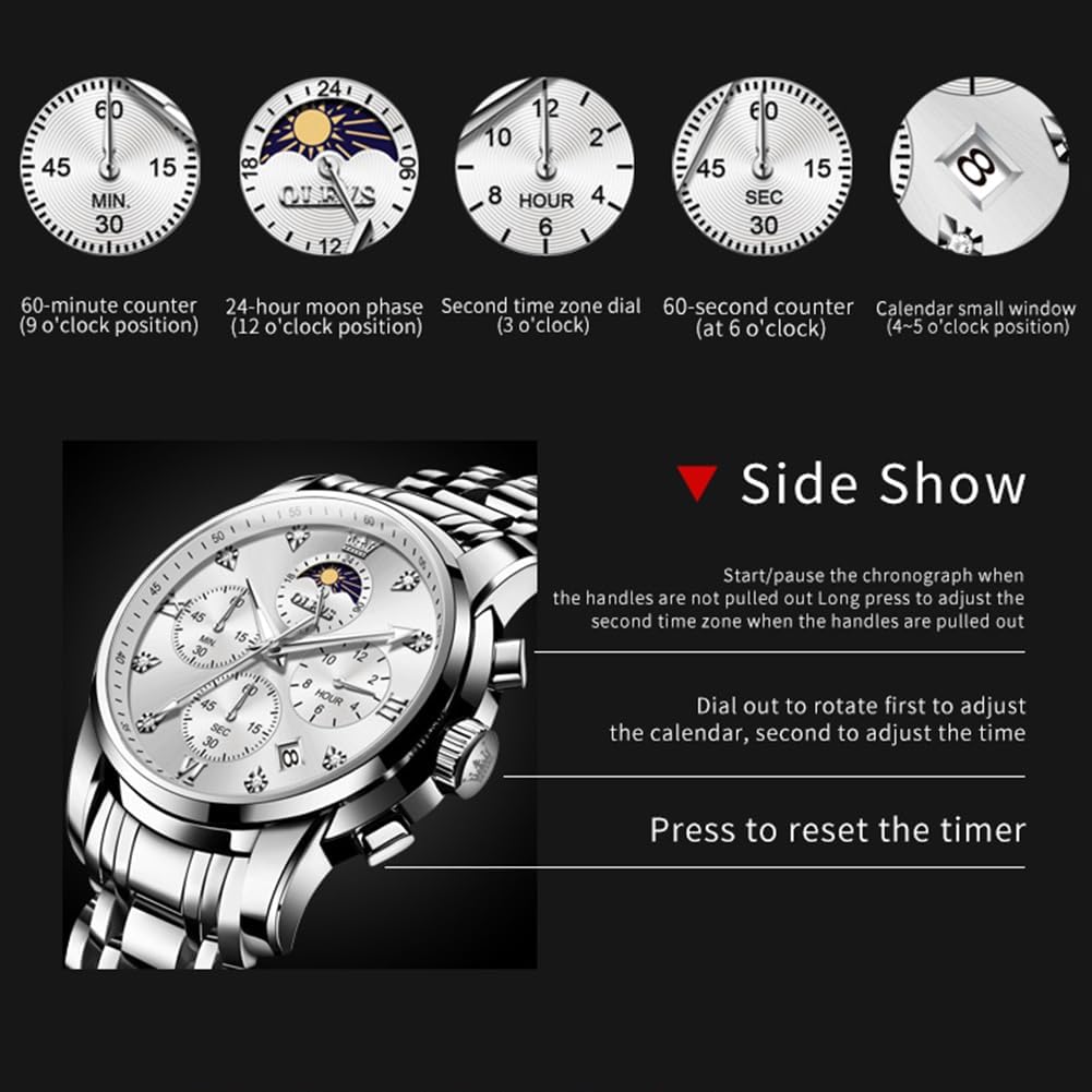 OLEVS Men's Luxury Watch Stainless Steel Band Waterproof Business Dress Quartz Wrist Watch for Men, Classic Round Dial Fashion Mens Watches, Ideal Gift for Men Father's Day Anniversary Luminous