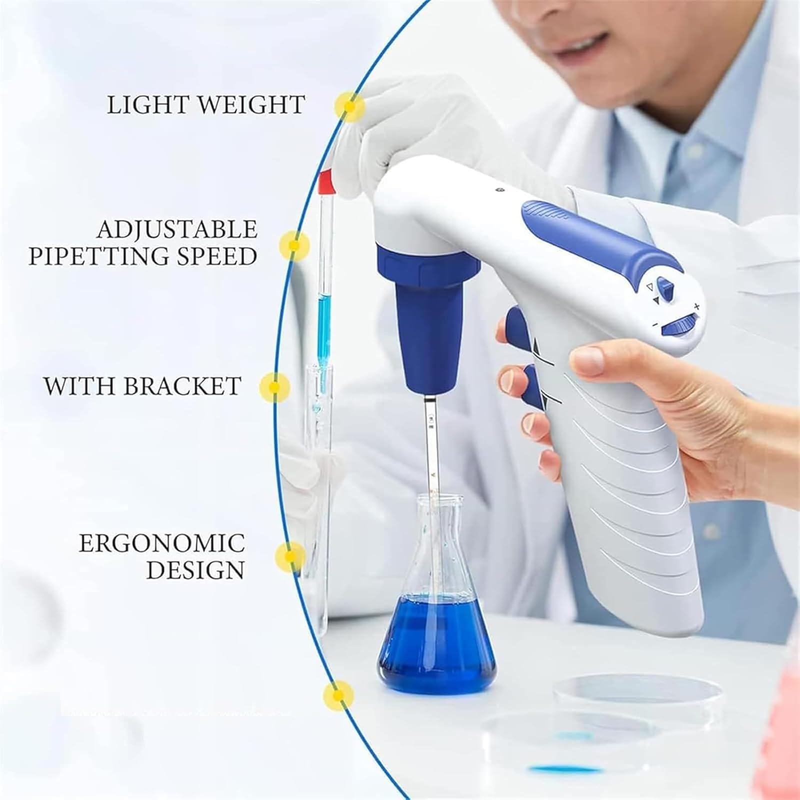 Pipeta motorizada automática digital, pipeta electrónica de velocidad ajustable, velocidad de succión de 50 ml en < 10 segundos, rango de 0,1 a 200 ml, filtro hidrofóbico para química y biología de