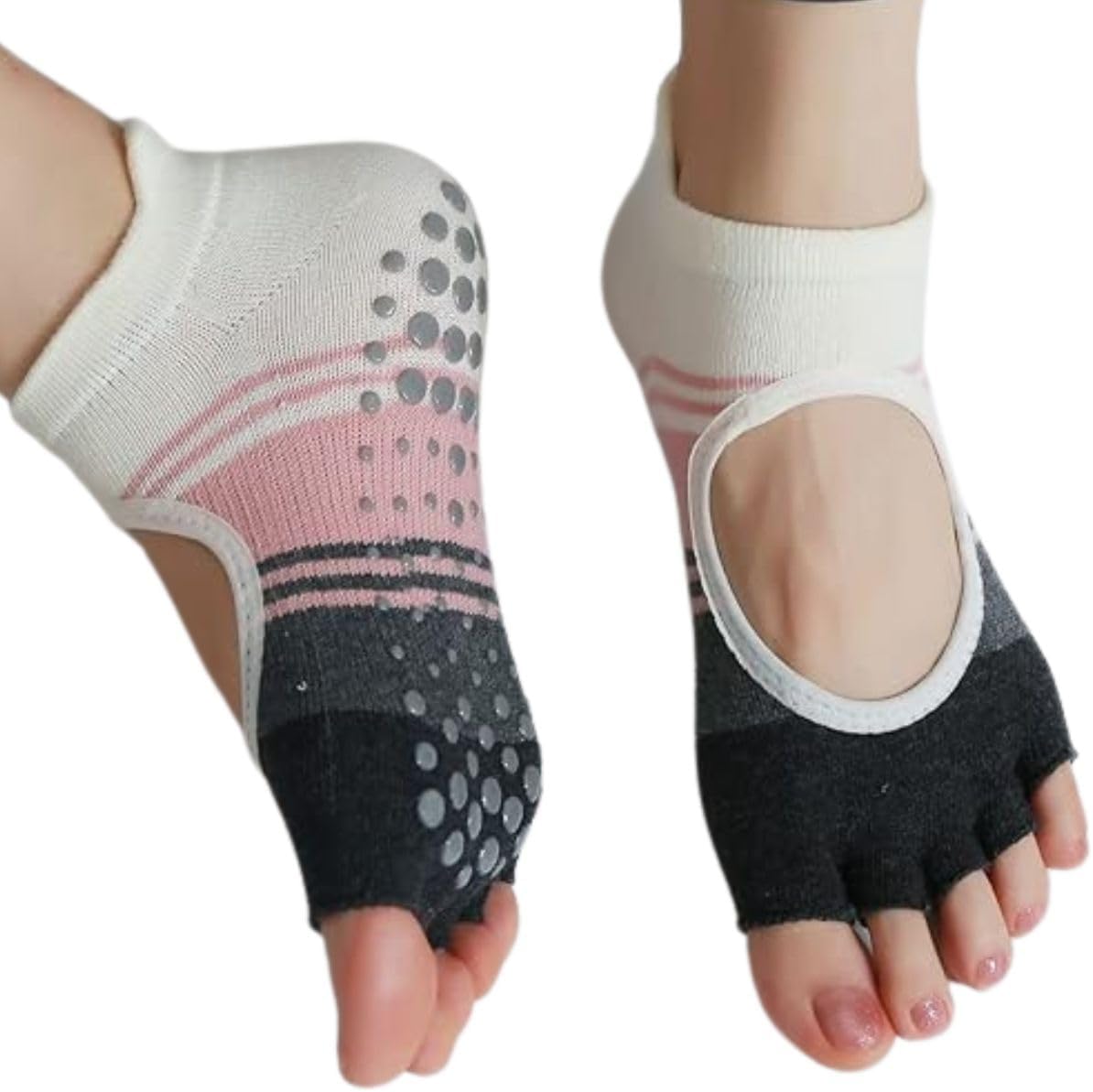 Anti Slip Open Toe Yoga Socks for Women | Breathable Silver Ion Anti Microbial Odour Free Cotton Spandex Socks | Anti Skid women socks for Home Workout Dance Pilates