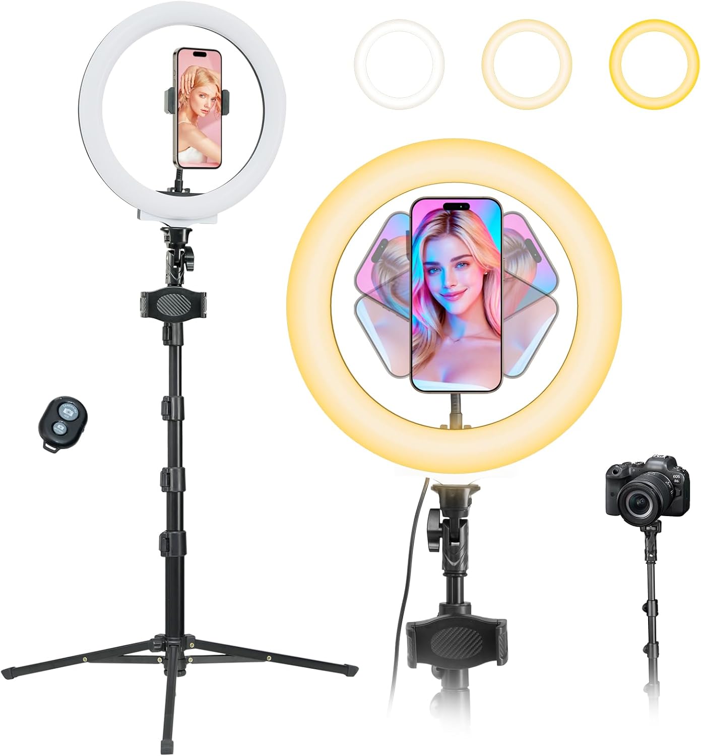 10" Desk Ring Light with 66'' Tripod Stands & Phone Holder, LED Circle Ring Lights Compatible with All Phones, 3 Color & 10 Brightness Level, for Live Stream, Makeup, Selfie, TikTok, YouTube