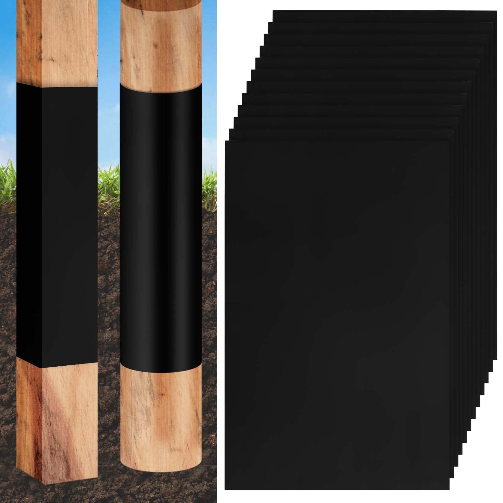 Photo 1 of 12 PCS Fence Post Protector Guard Black Wood Fence Post Rot Protection Sleeve 16.9 X 11.8 Inch Self-Adhesive Wooden Posts Shield Wraps Fits 3" x 3" to 4" x 4" Square and 3" to 5" Round Posts