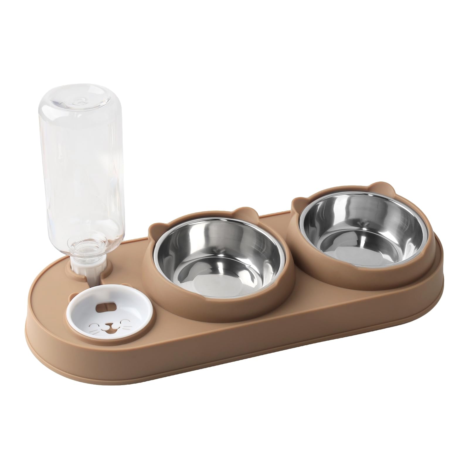 Luckwaii 3-in-1 Cat Food and Water Bowl Set, Stainless Steel Cat Bowls with Stand Tilted, Double Kitten Food Bowls with Water Dispenser, Pet Feeding Station Raised for Indoor Cats Small Dogs