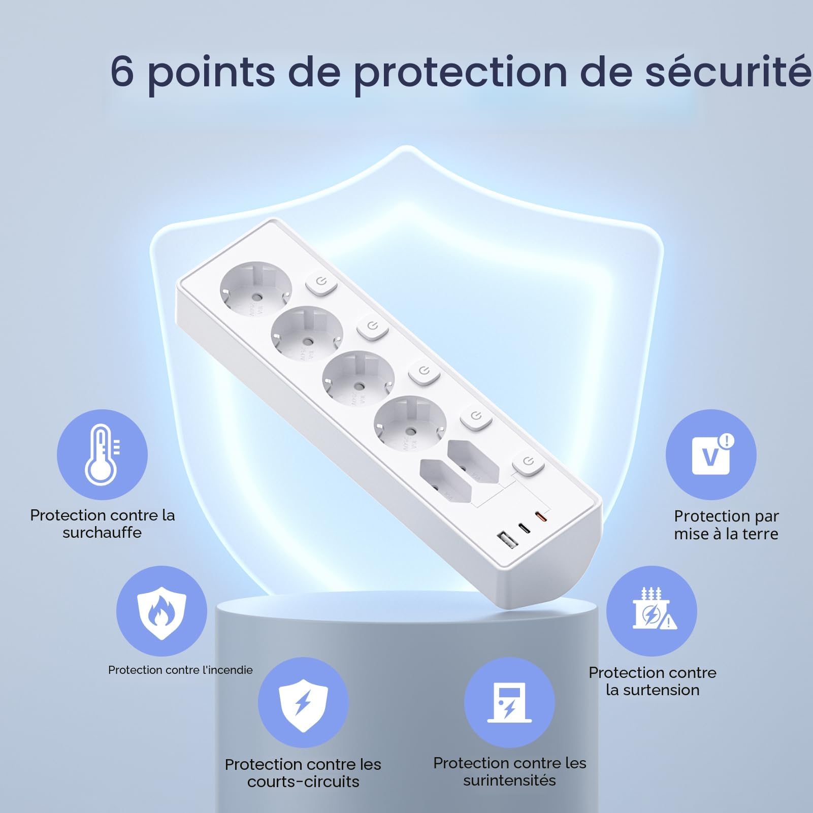 Kemelo Multiprise avec Interrupteur Individuel, 9 en 1 multiprise Plate avec 4 Sortie AC, 2 EU Ports, 3 USB Ports, pour Le Bureau, Salon, Chambre à Coucher, Cuisine, Rallonge Electrique 3M,Blanc