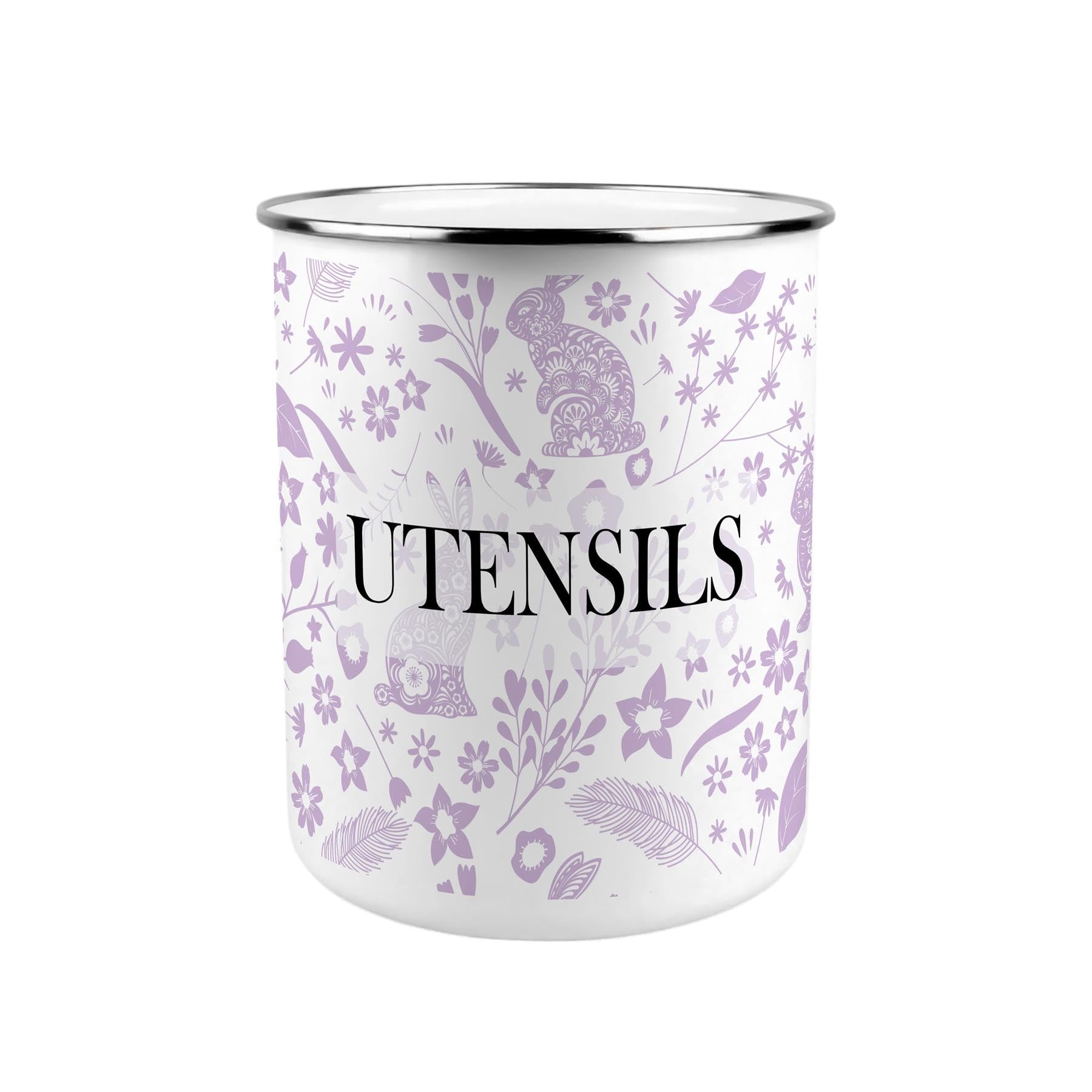 Purely Home Wild Rabbits Lilac Metal Utensil Holder - XL Kitchen Utensil Pot/Organiser for Countertop Decor Gift 18x16.5cm