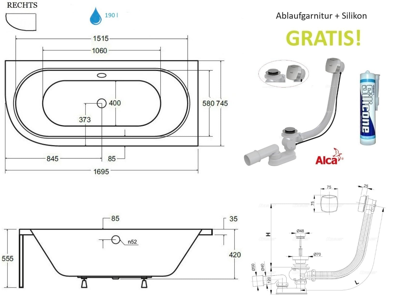 ECOLAM® Badewanne Avita 170x75 cm Schürze | Wanne für Zwei Personen | Eckwanne Modern Design | Eckbadewanne rechts + Ablaufgarnitur Ab- und Überlauf Automatik Füße + Silikon Komplett-Set Acryl weiß