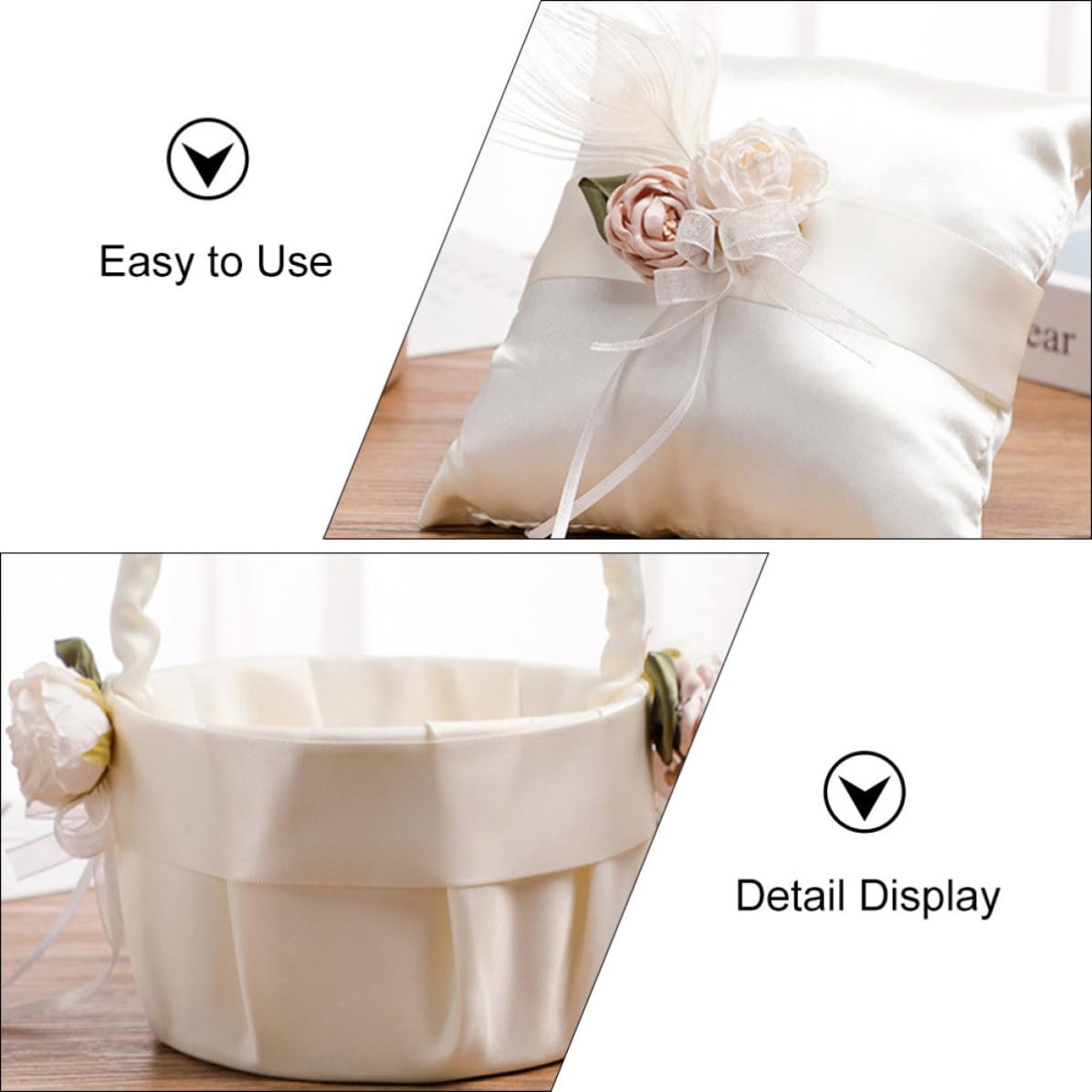 jojofuny Set de Coussin pour Alliances et Panier de Demoiselle D'honneur en Satin Blanc avec Nœud Élégant, pour Cérémonie de Mariage Romantique et Délicate