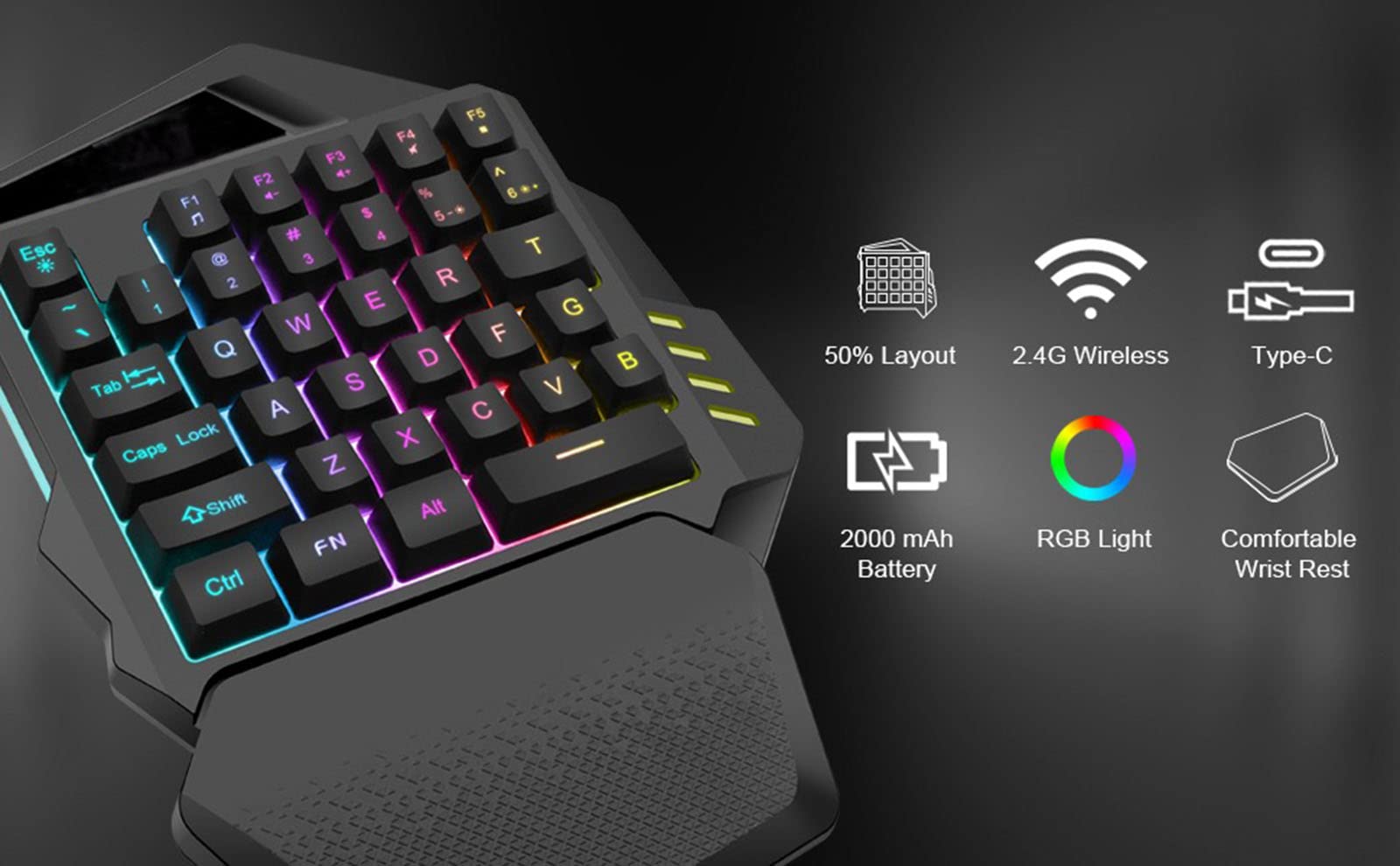 Mini Tastiera da Gioco Portatile A 35 Tasti, Tastiera da Gioco A Una Mano Tecnologia Wireless 2.4G Illuminazione 8 Rgb Controller di Gioco Ergonomici per PC Gamers