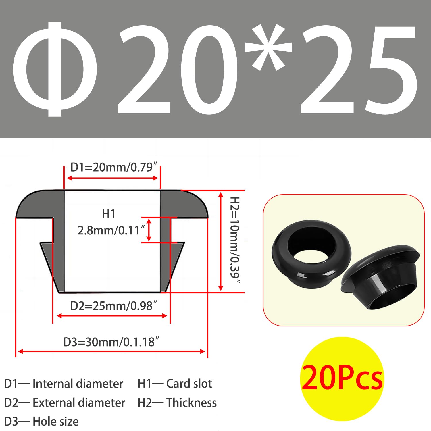 Qrity 20 Pezzi Gommino in Gomma, Elettrico Gomma Passacavi, Guarnizioni in Gomma, per Proteggere Fili, Spine e Cavi, ID 20mm Dia di Montaggio 25 mm