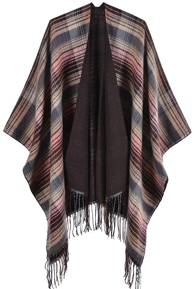 Women's Color Block Warm Shawl Wrap Poncho Cape Open Front Long Winter Coat