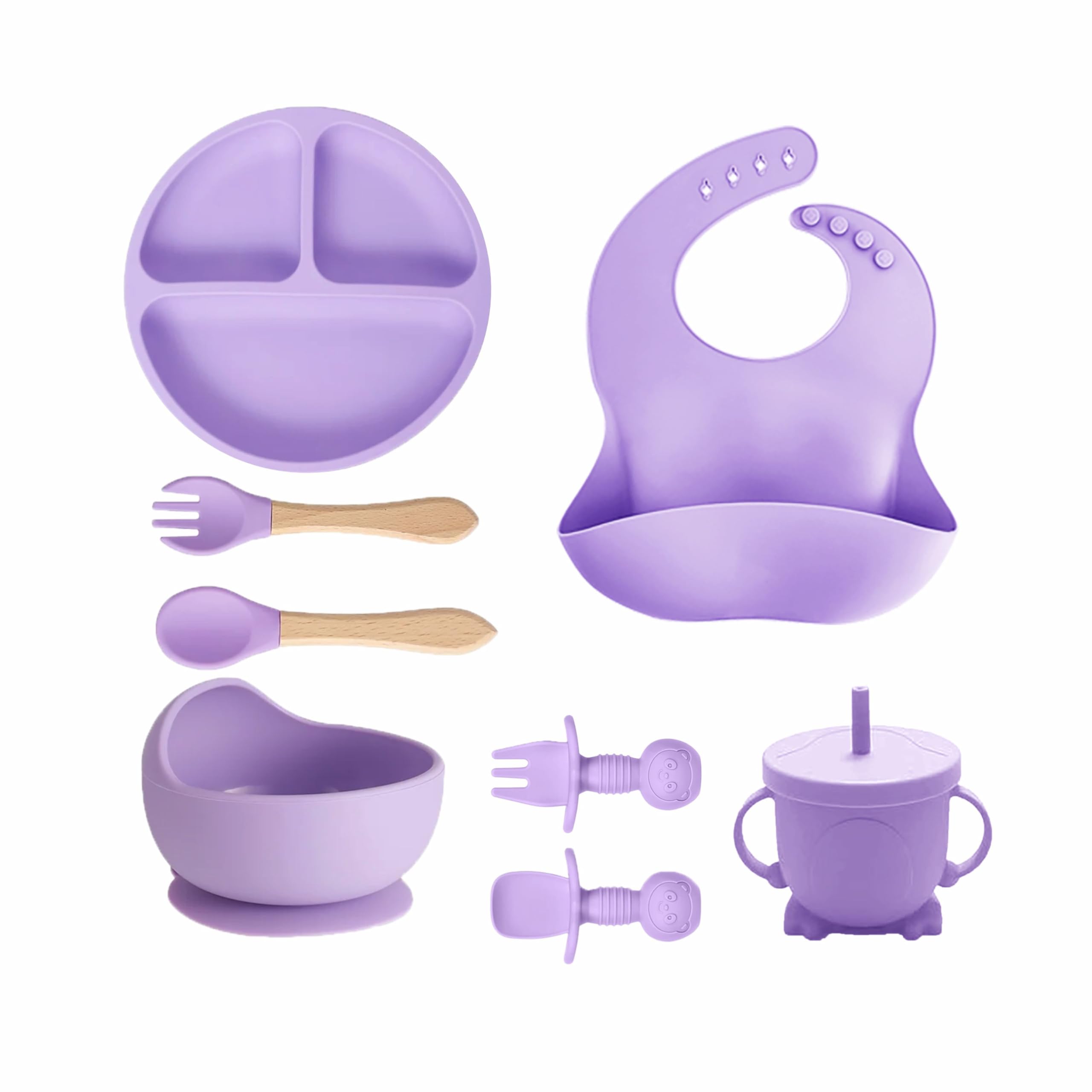 Kids Station 8-Piece Silicone Baby Feeding Set | Suction Bowl, Plate, Bib, Cup, Spoon & Fork | 100% Food Grade BPA-Free Silicone | Non-Slip, Easy to Clean (Pack of 8, Purple)-image-19