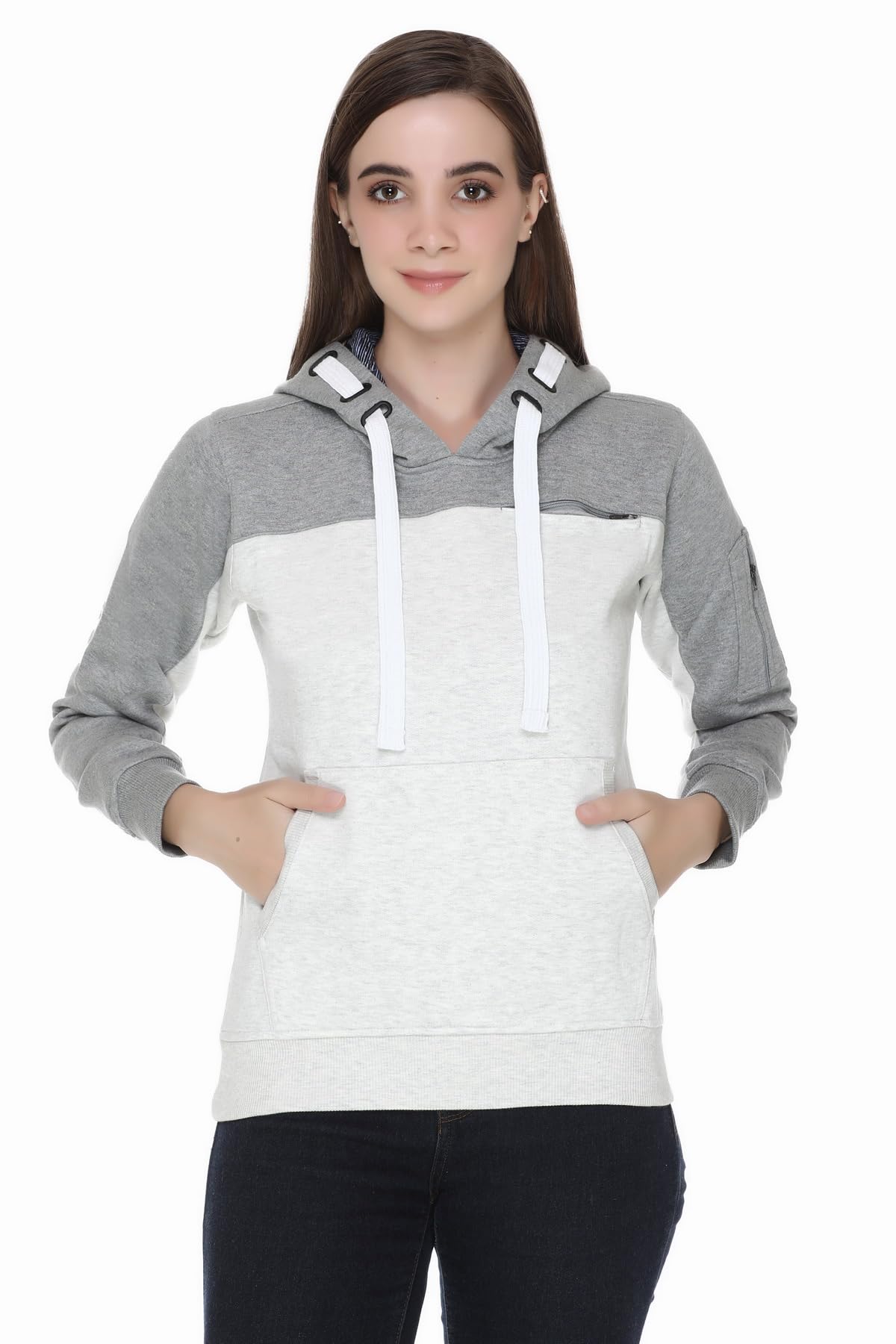 hold Women's Color White Hoodie Sweatshirt, Grey and White, Blend, Casual Pullover with Kangaroo Pocket, Long Sleeve-picture-22