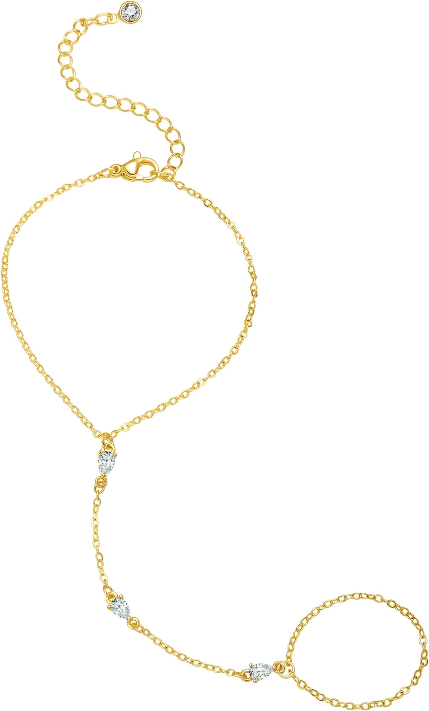 Hand Chain 14K Gold Plated Bracelets for Women Dainty Finger Ring Zircon Adjustable Hand Chain Jewelry for Women Trendy Bracelets