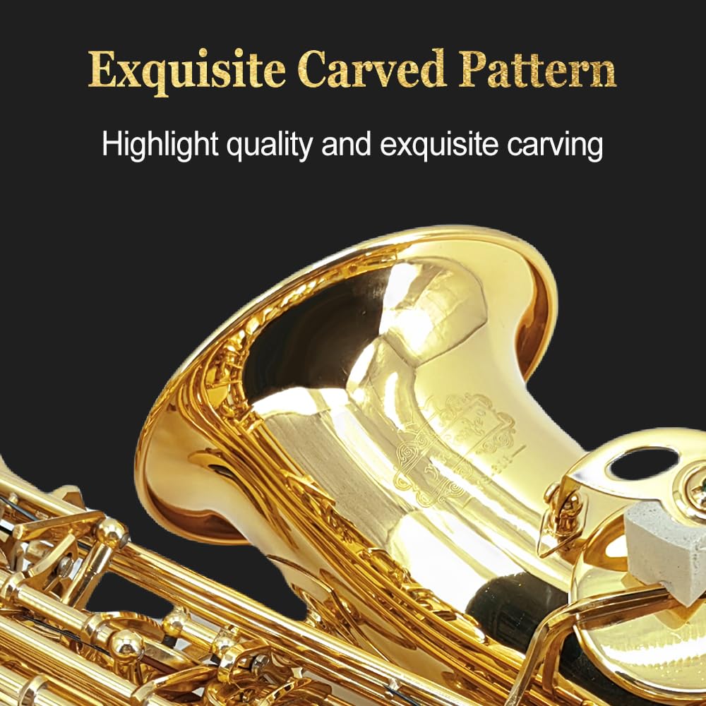 Saxofón alto E-plano, laca dorada con cuerpo de latón, incluye funda, boquilla, cañas, correa para el cuello y más, ideal para principiantes y principiantes (dorado)