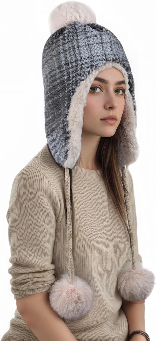 Women Winter Pompom Beanie Hat Fleece Lined Earflap Snow Ski Cap Sherpa Crochet Ushanka Skull Cap Outdoors Ear Cover - Image 2