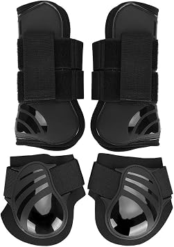 4Pcs Horse Leg Protector, Elastic PU Horse Front Hind Leg Boots Horse Riding Tendon Fetlock Boots Shock Absorbing Show Competition Leg L Black