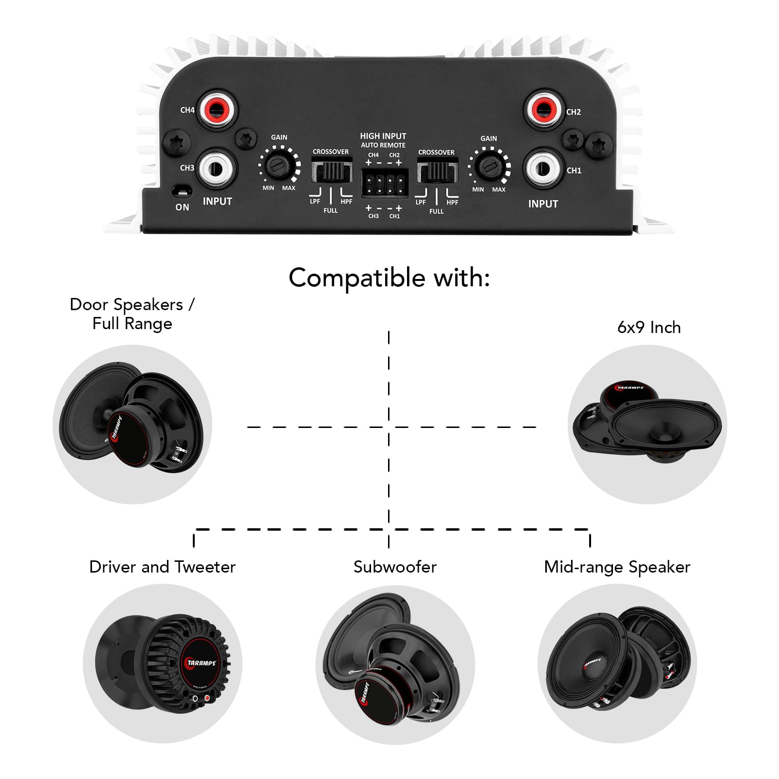 Taramps TS 400x4 con Entrada automática de Alto Nivel 400 vatios RMS, 4 Canales, Rango Completo, Amplificador de Audio para Coche, Entrada RCA, Clase D, 2 Canales Puentes, Sistema Amplificador