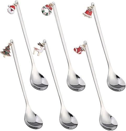 Juego de 6 cucharas de acero inoxidable de Navidad, cucharas de cubiertos de Navidad, juego de mini cucharas de Navidad para cuchara de café,