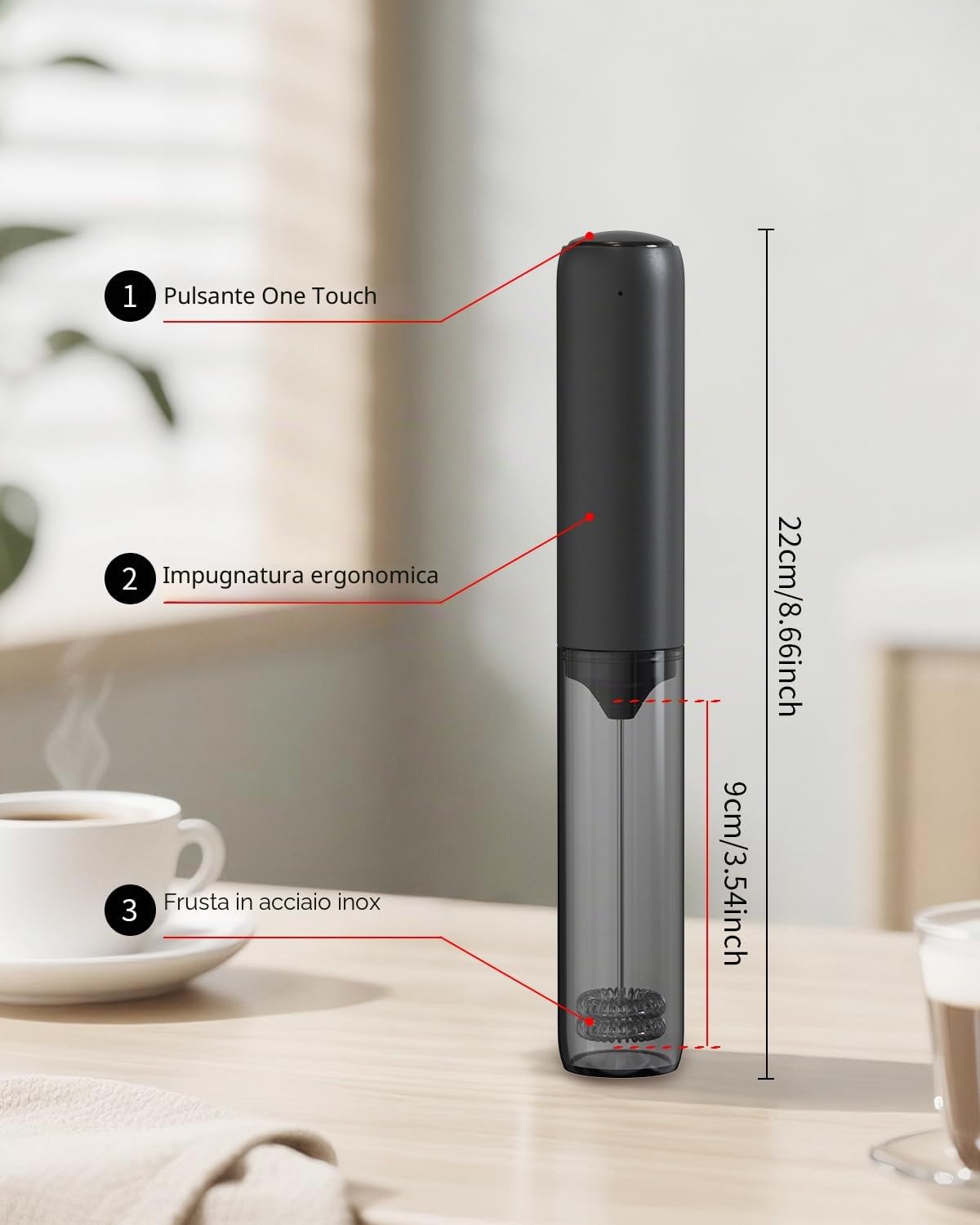 CIRCLE JOY Montalatte Elettrico Ricaricabile, Frullino a Immersione Senza Fili, Doppia Testa Portatile Schiumalatte per Caffè, Latte, Cappuccino, Matcha, Cioccolata Calda, Nero