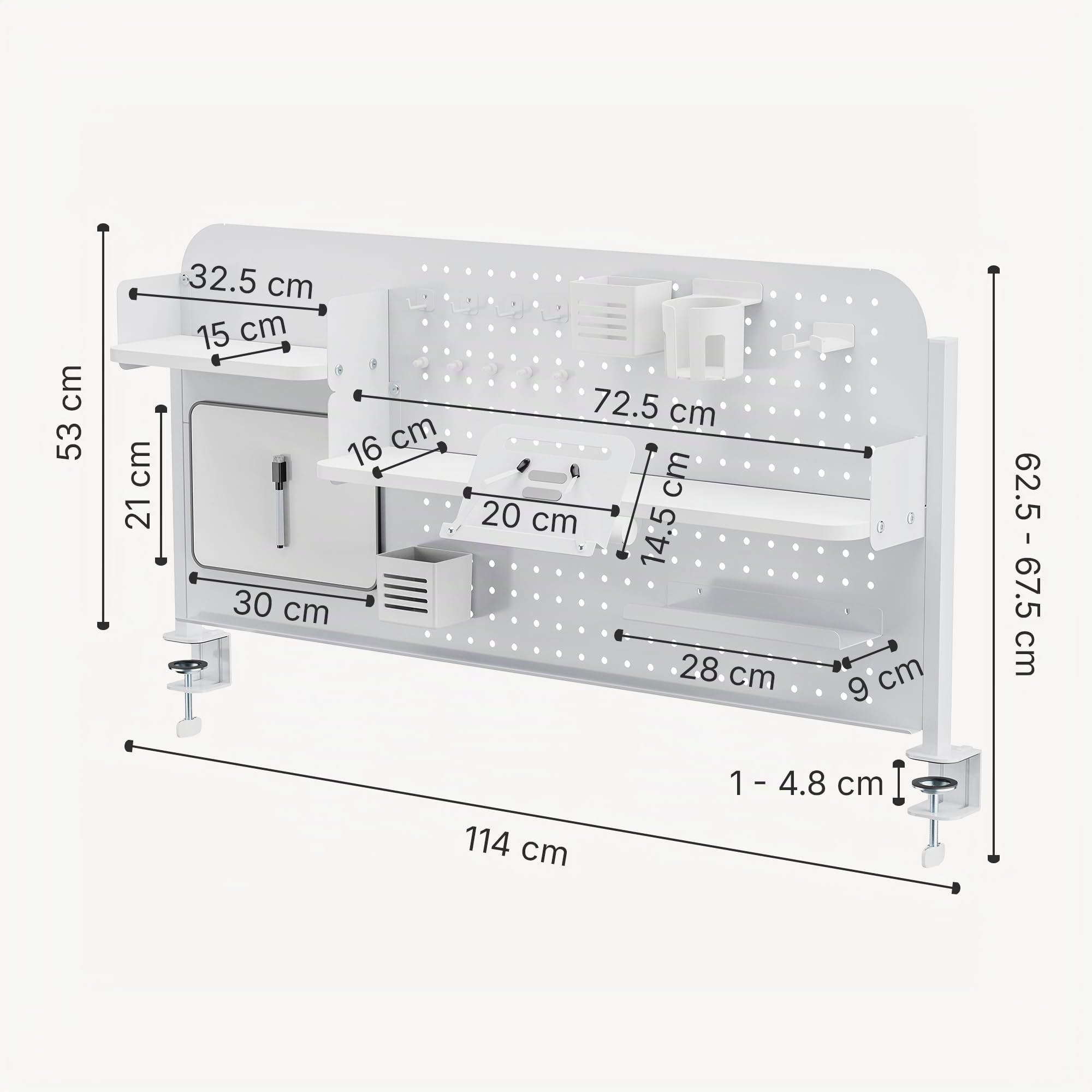 [en.casa] Tablero Perforado Sauda Organizador de Escritorio Panel Perforado con Estantes Cajas Soporte de Tablet para Accesorios de Oficina Despacho Estudio 114 x 68 cm - Blanco