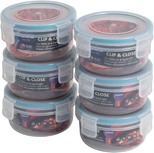 Addis Clip & Close 240 ml Round Food Storage Airtight Lockable Lid, Bulk Pack of 6 containers, Clear, Clear & Blue, 6 x 240 ml
