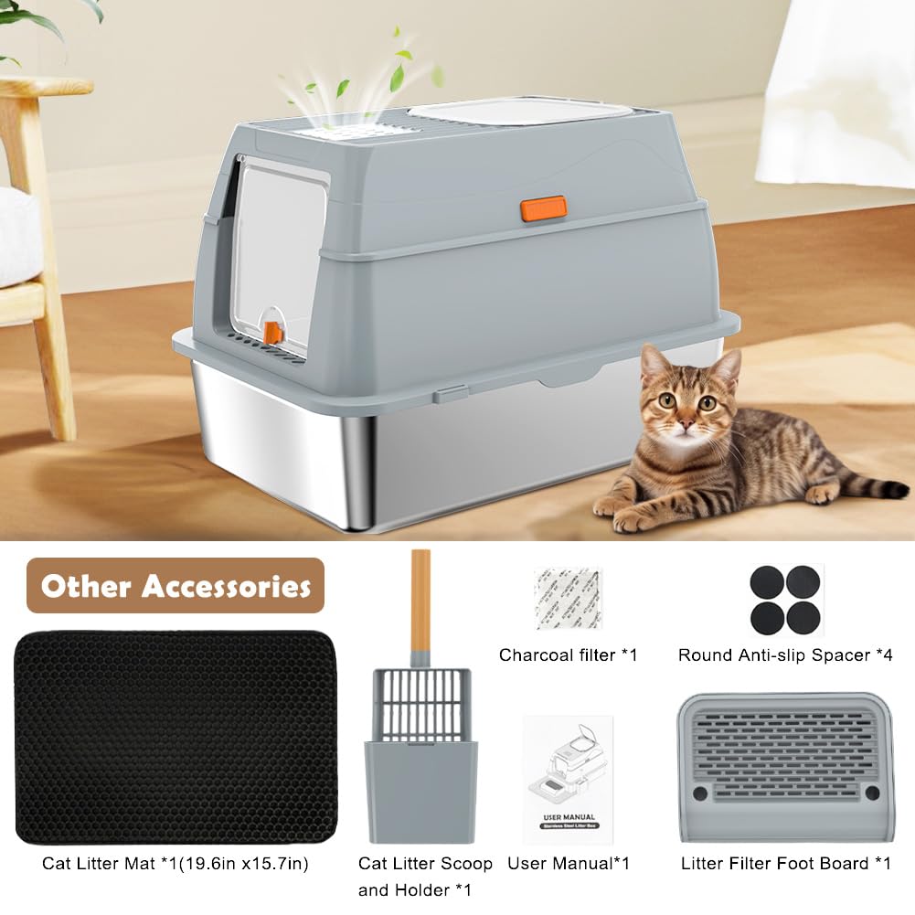 Vivifying Stainless Steel Litter Box with Lid, XL Front Entry Enclosed Extra Large Litter Box for Big Cats & Kitty, Top Exit Metal Cat Pan with Scoop, Mat, Trapping Step, Charcoal Filter (Gray) - image 7