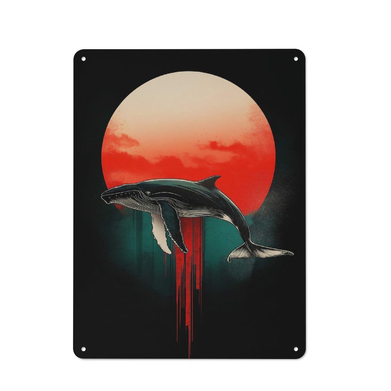 Junmoney Whale Silhouette With Red Sun Metal Wall Sign 40X30cm Featuring For Home Bar Wall, Suited To Bar Sign Collectors