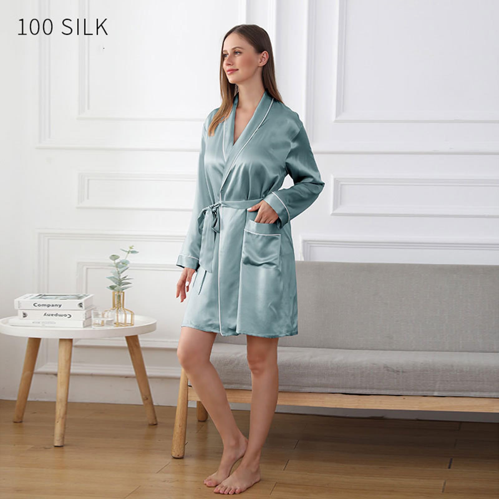 Damen Seide Nachthemden,19 Mama Sexy Satin Nacht Bademäntel Damen Satin Nachthemd,Haze Blue,L