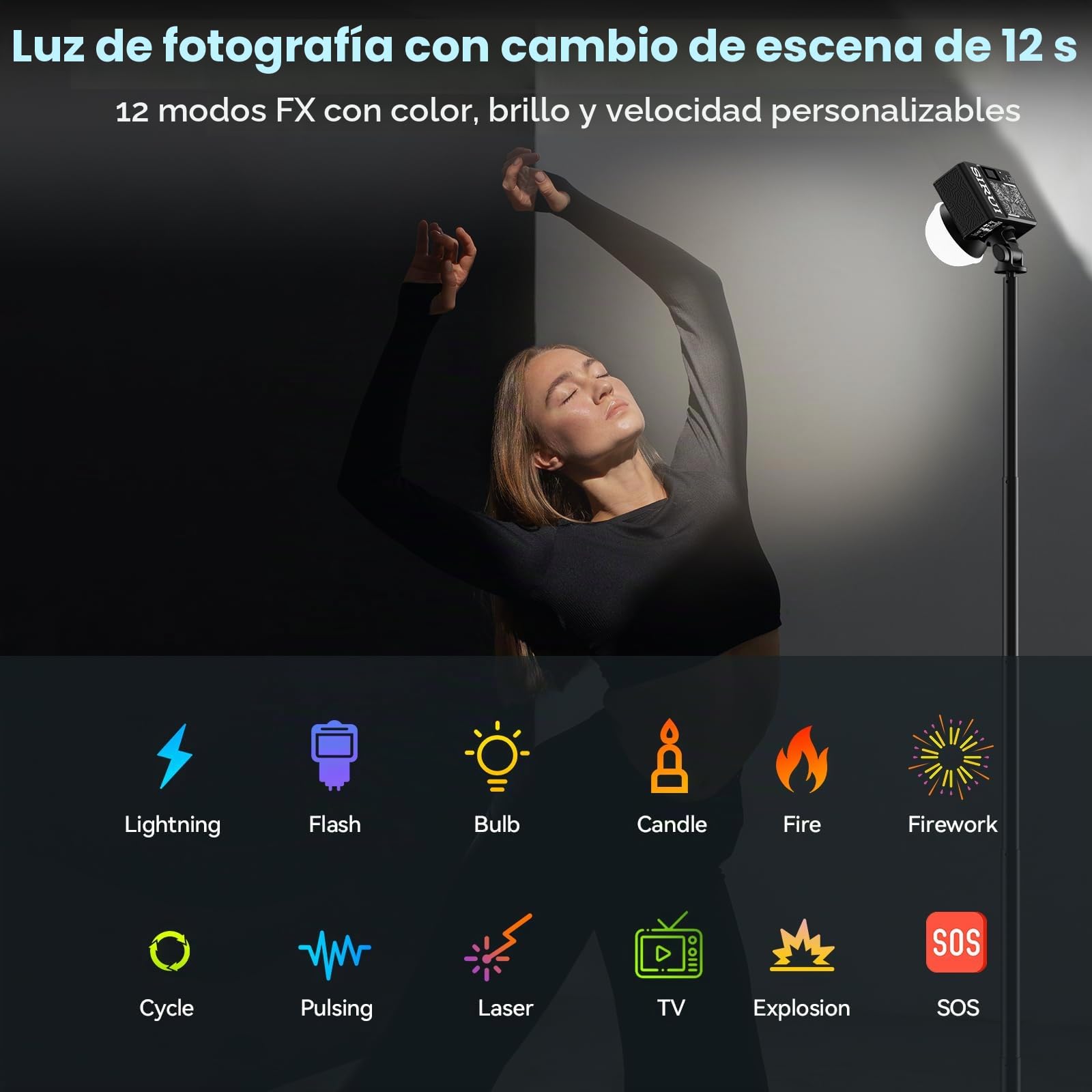 SIRUI C60X Luz Portátil para Fotografía 60W, Diseño Compacto de 0.53KG y Ultra-Silencioso 24.9dB, Carga Rápida 2H, Salida de 13,000 Lux, Control Bluetooth para Iluminación de Video en Estudio