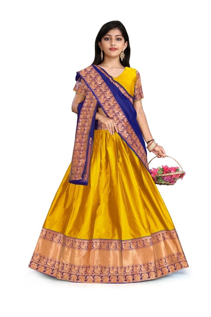 jay nejadhari creation Girl's Desinead South Indian Lehangha-Choli And Dupatta's Set (12-13 Years, musterd-blue)-picture-34