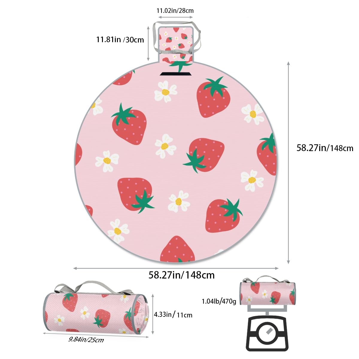 Shimoshe Flower Strawberry Picnic Outdoor Blanket Foldable Waterproof Sandproof Beach Blanket Portable Water-Resistant Round Picnic Mat for Travel Camping Park Lawn