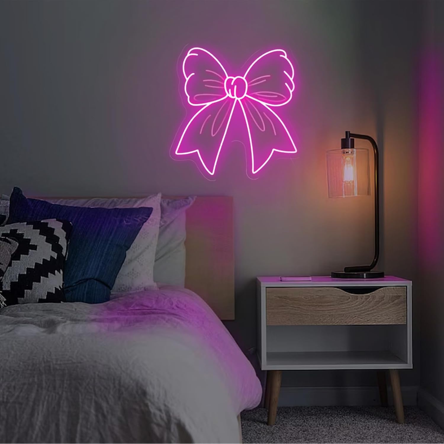 Pink Bow Neon Sign 18 inches LED Dimmable Bedroom Custom Lights Signs Wall Art Decor for Home Room Party Decorations