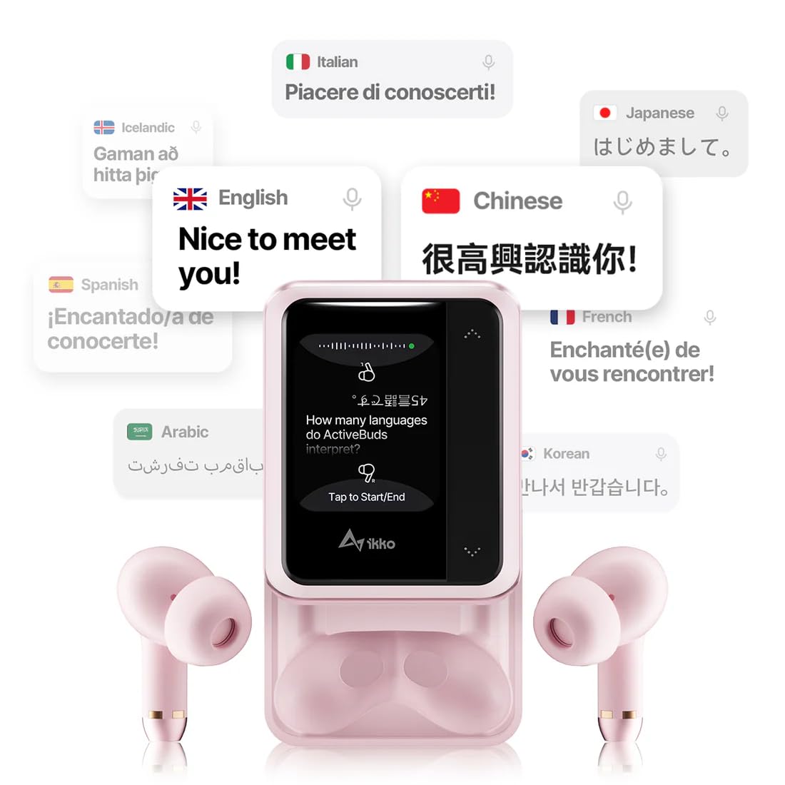 Wireless TWS AI Smart Ikko Active Buds: Kopfhörer mit Geräuschunterdrückung, Bluetooth-Verbindung, Sofortübersetzerfunktion, 4G SIM, WLAN, bis zu 30 Stunden Laufzeit, ChatGPT, AppSore PINK
