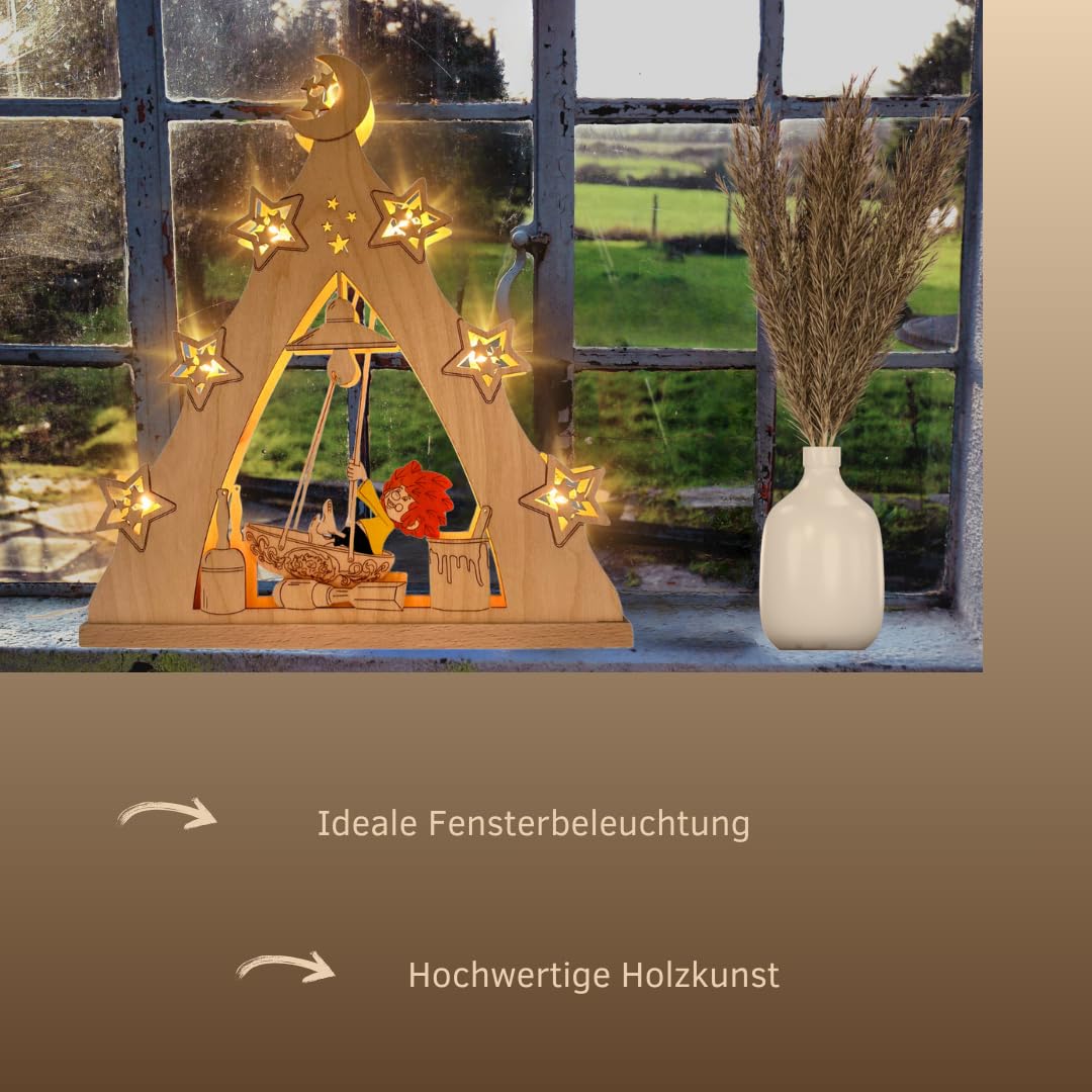 weigla - LED Lichterspitze original Erzgebirge I Motiv Pumuckl in Schiffschaukel I Lichterbogen Weihnachten I 7 Lampenkerzen + 1 Ersatzlampe I 7 x 34 V, 0,2 W, E10 I Weihnachtsdeko innen I aus Holz