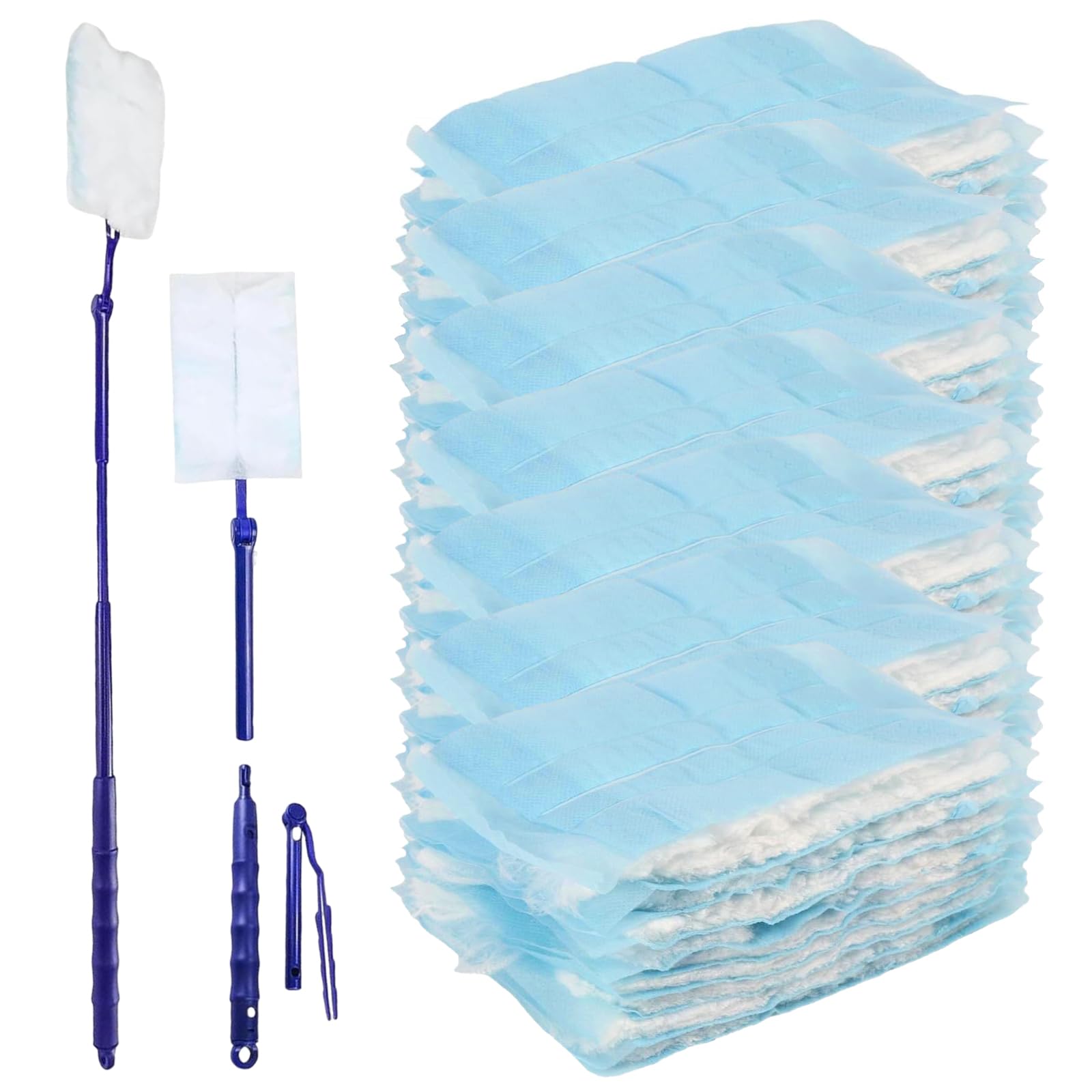 Heuiop Blue 70 Pcs Duster Refill, Fluffy Dusters Refills, Disposable Electrostatic Dust Magnet Refill With Retractable Handle For Home Office Furniture Blinds Car Cleaning