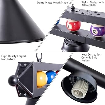 Wellmet 70 Inch Pool Table Light, 4-Light Billiards Light with Black Metal Shades, 8ft-11ft, Game Room, Black [Energy Class G]