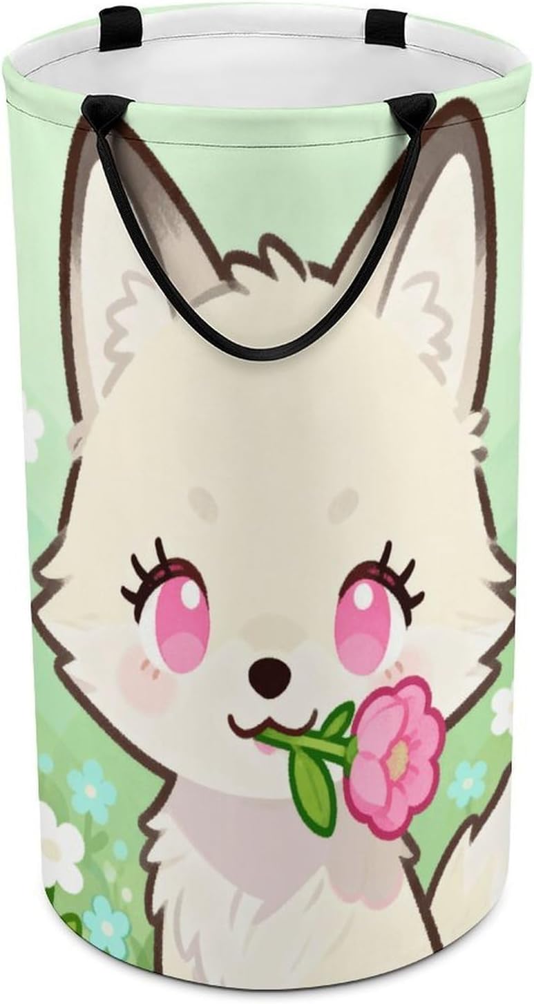 Flower And Fox Laundry Hamper with Handles Waterproof Collapsible Laundry Basket Large Lightweight Round Dirty Clothes Hamper for Home Dorm Bathroom Decor