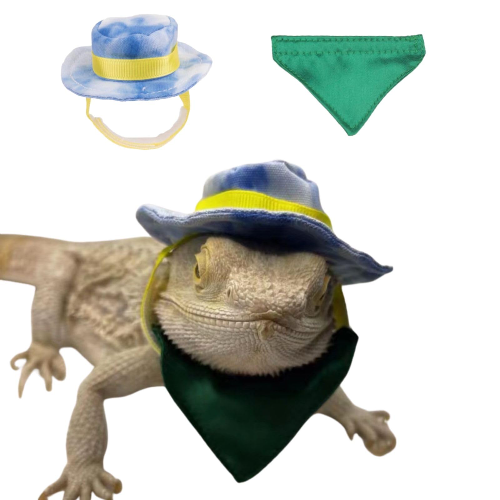 Bearded Dragon Cowboy Hat and Bandana Set Adjustable Lizard Reptile Costume Cool Pet Cap Halloween Costume Photo Props for...