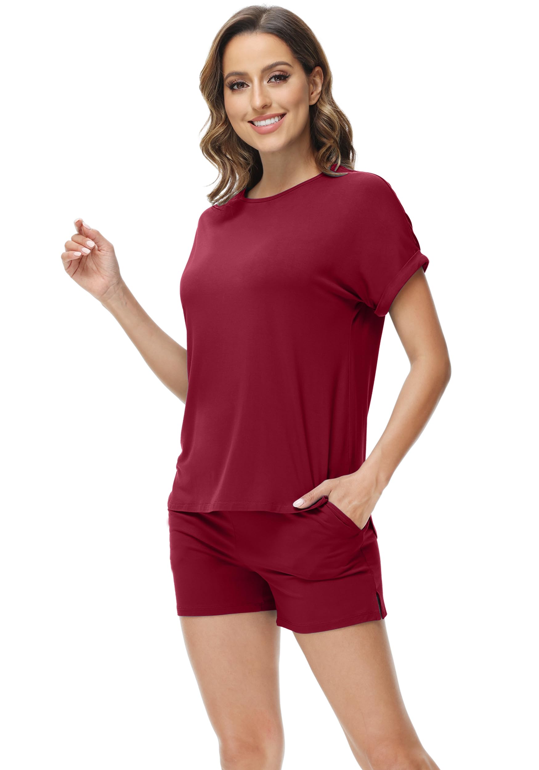 WiWi Schlafanzug-Set aus weicher Viskose aus Bambus, für Damen, Sommer, kurzärmelig, Oberteil mit Shorts, kühlende Nachtwäsche, S-XXL