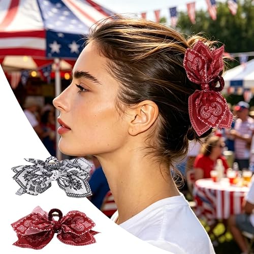 Western Boho Bow Claw Clips for Women White Red Bandana Hair Claw Clip Bowknot Hair Clips for Girls Halloween Retro Bows Hair Jaw Clip for Women Silk Bandana Bow Clawclip 4th of July Accessory 2PCS - Image 5
