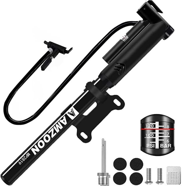 AMZOON Bike Pump Mini Bicycle Pump With Flexible Hose Save Energy & Easy Pumping, Fits Presta & Schrader Valve, Free Accessories-Ball Pump Needle/Glueless Patch Kit/Frame Mount