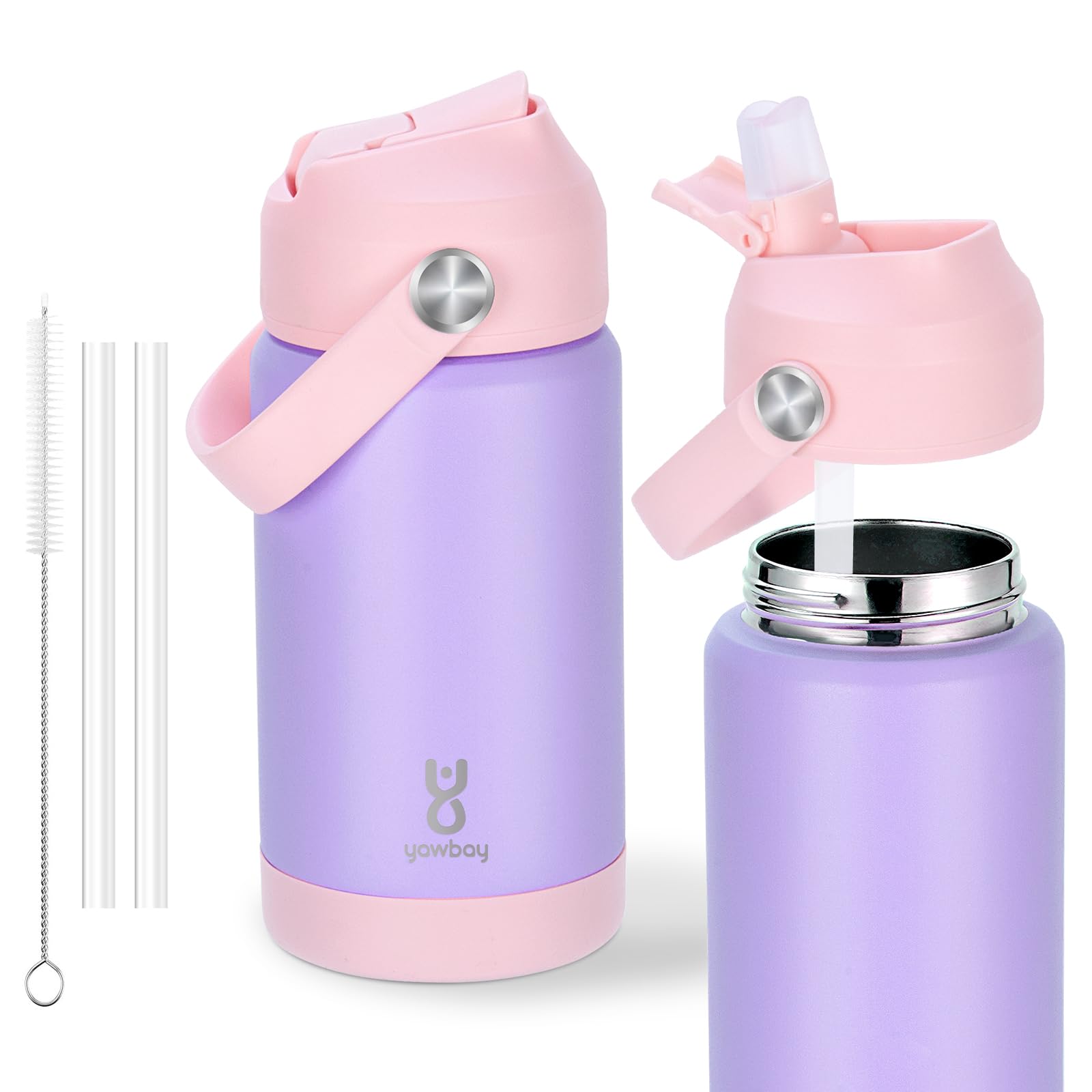 Kids Insulated Water Bottle with Straw Lid & Silicone Handle,12oz Kids Leak Proof Water Bottle for School Boys Girls,Double Wall Vacuum Stainless Steel with Non-slip Silicone Base(Light Purple)