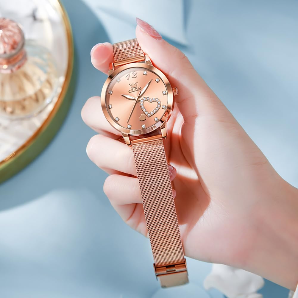 Damenuhr Edelstahl, Mailänder Armband, 36mm Zifferblatt, Roségold