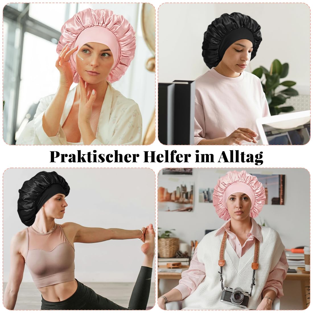 Satin-Seidenhaube zum Schlafen für Damen, Haarhaube zum Schlafen mit Gummiband, große Seidenhauben für Männer und Frauen, lockige Haarzöpfe (schwarz + rosa), 2 Stück