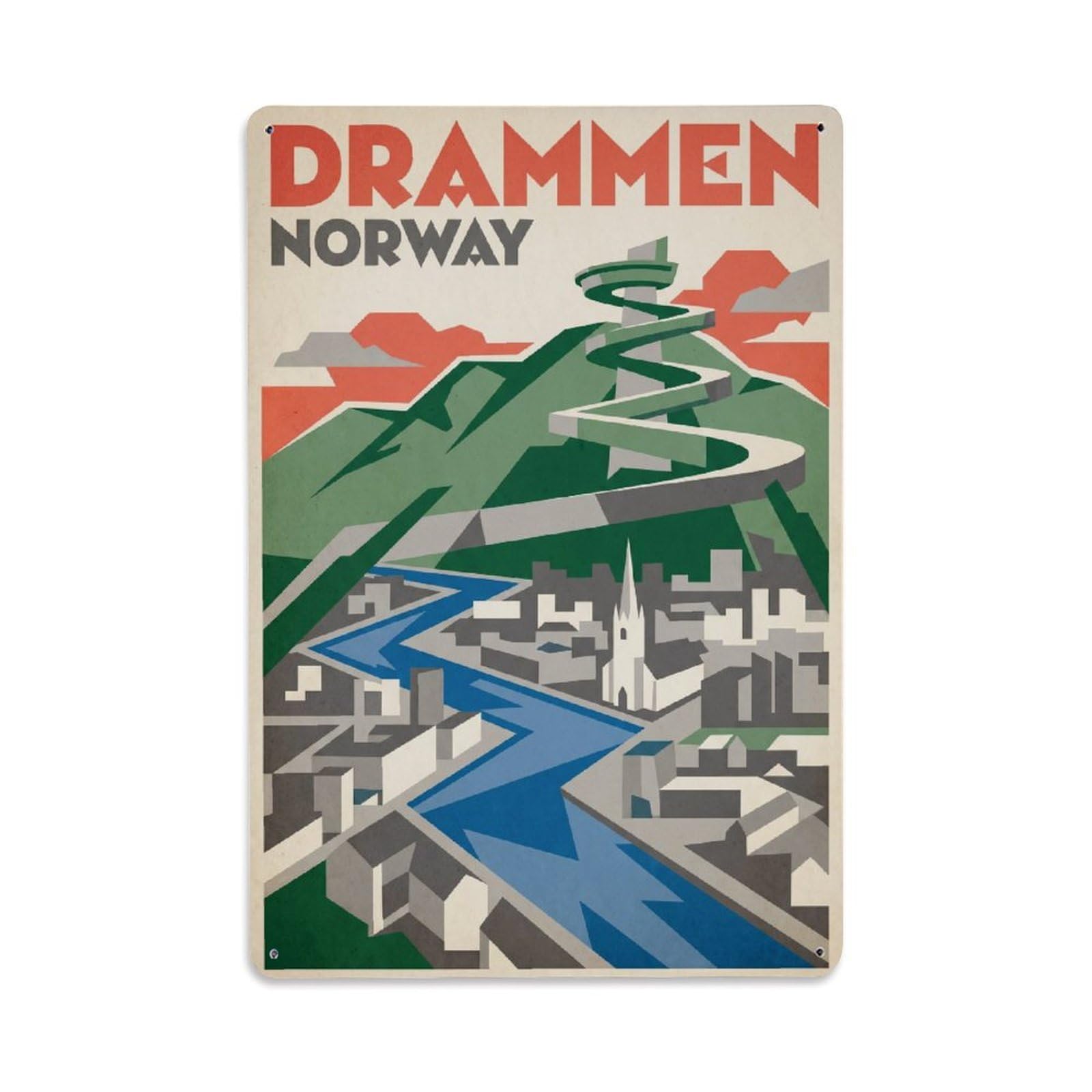 Metal Tin Sign Norway Drammen Vintage Travel