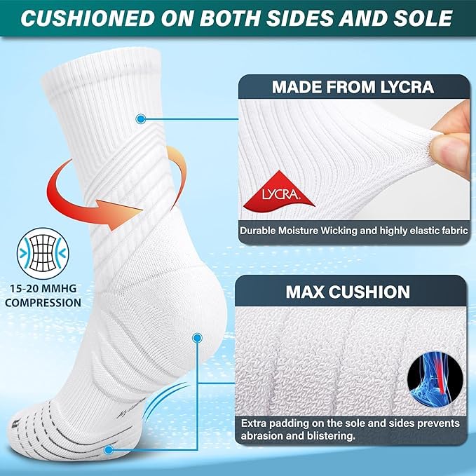 Hylaea 6 Pairs Running Socks for Men, Coolmax Anti-Blister Cushion Socks for Athletic, Padded Moisture Wicking & Seamless Size L White & Black2
