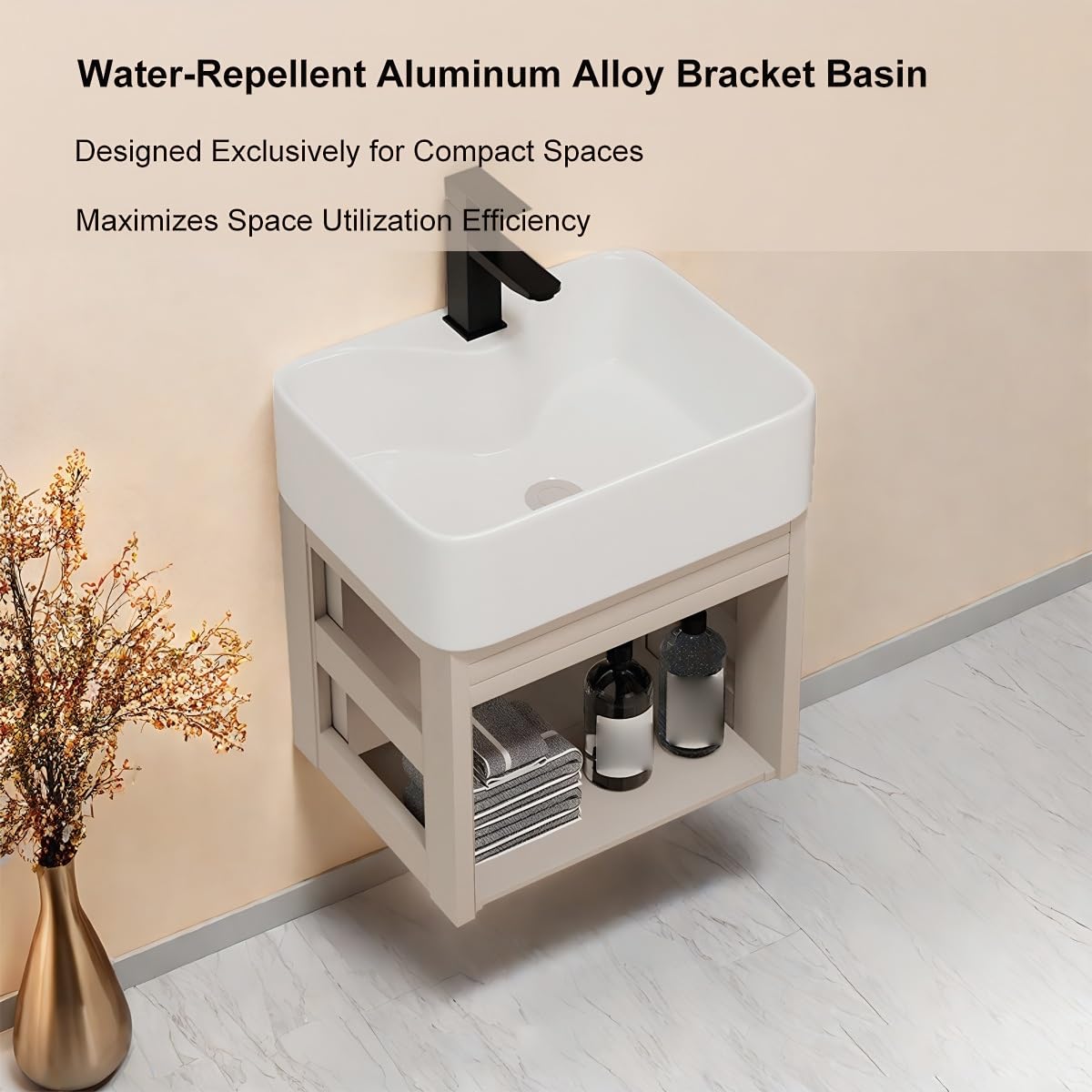 Fregadero de esquina flotante de pared con armario de almacenamiento, diseño que ahorra espacio para baños pequeños, decoración moderna, solución elegante y funcional