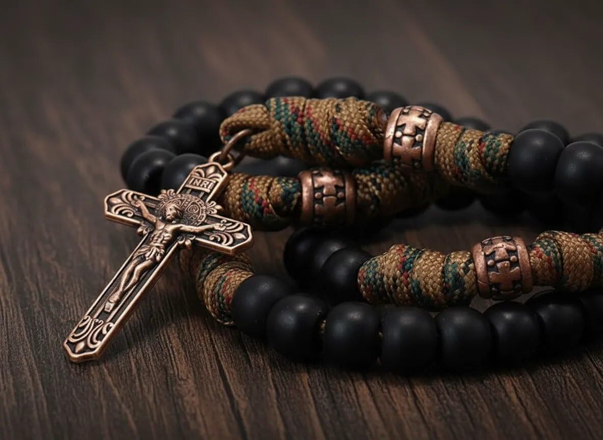 Sklep Nazareth Antique Bronze St Benedict Paracord Różaniec Czarne matowe koraliki Czerwony Biały Wytrzymały Różaniec Mocny sznurkowy naszyjnik