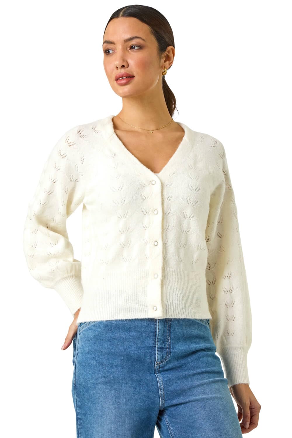 Roman Pointelle Detail Knit Cardigan - Ivory - Womens - Size S