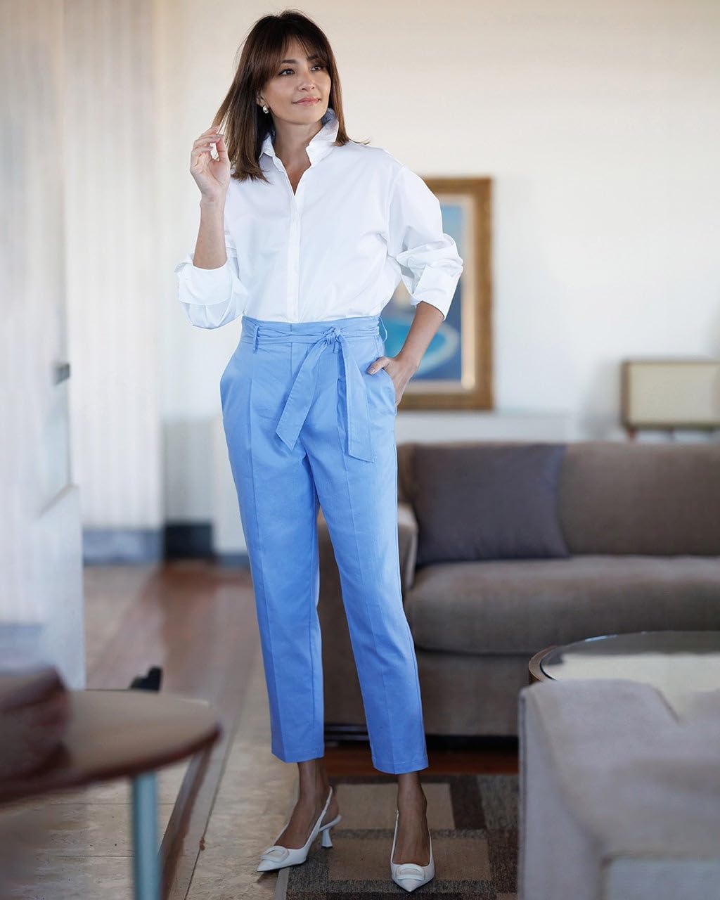 [ドゥクラッセ] 艶ストレッチリネン テーパードパンツ レディース 12757